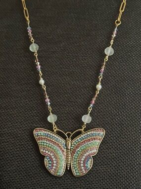 Gold Butterfly Pendant Necklace with Pastel Multicolor Crystals on Chain